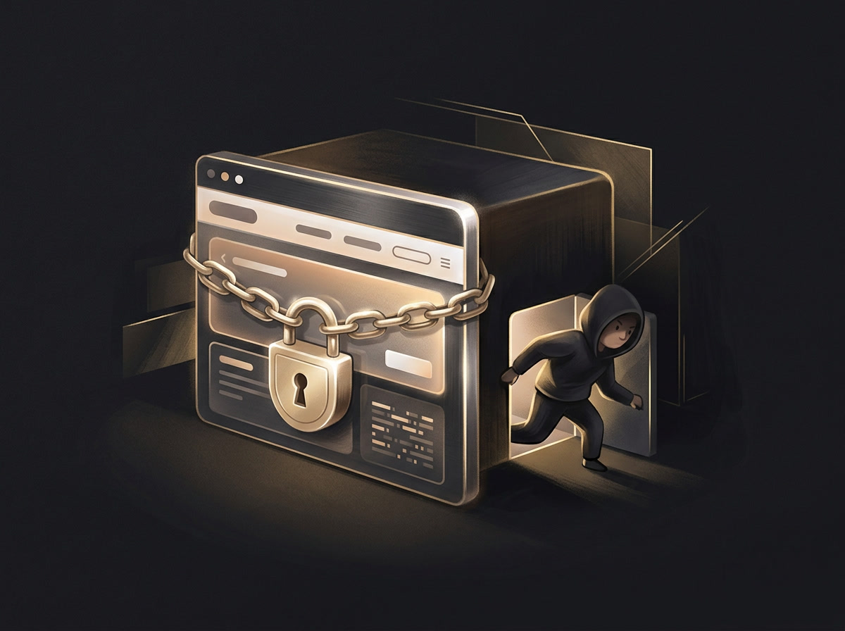 Chapter artwork showing a locked website with an open back door