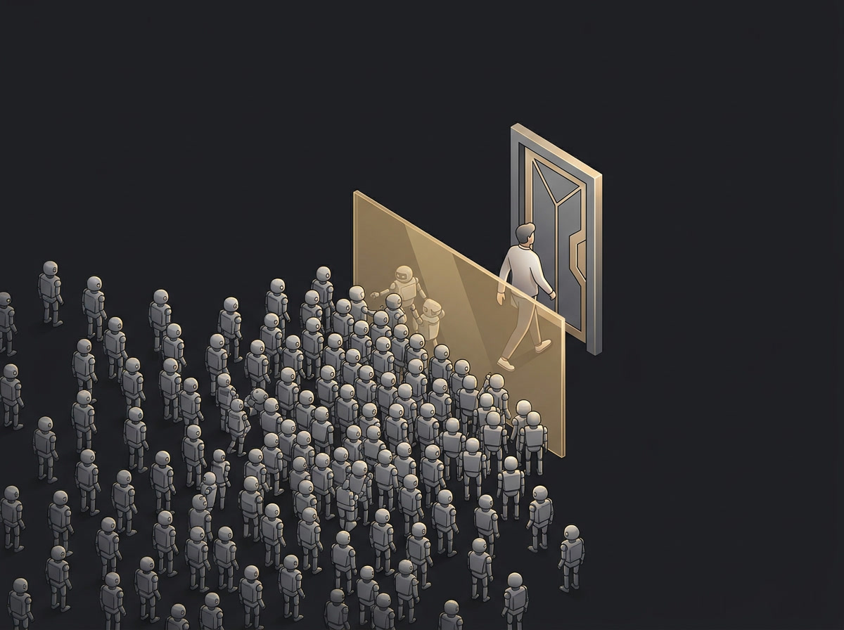 Chapter artwork showing automated traffic filtered at a door